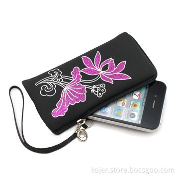 Black Velvet Zipper Pouch for Apple's iPhone 4, with Lanyard, Various Beautiful Patterns Available